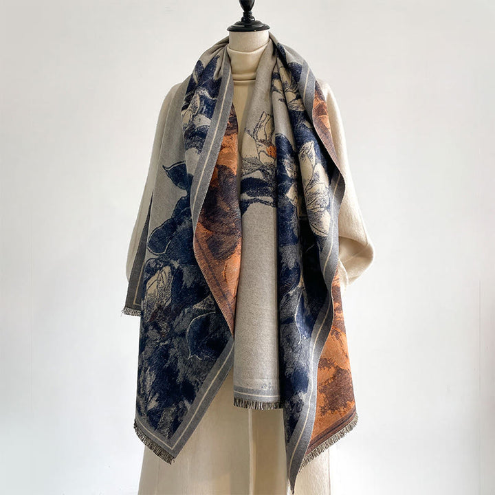 Bufanda/chal cálido y acogedor con estampado de Buddha Stones, flores de magnolia blancas de invierno y pajaritos - image 12