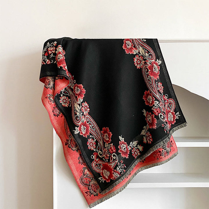 Bufanda/chal cálido y acogedor con estampado de enredaderas de flores de anacardo y Buddha Stones en otoño - Negro - 185*65 cm - image 2