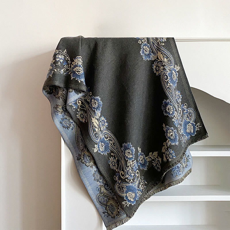 Bufanda/chal cálido y acogedor con estampado de enredaderas de flores de anacardo y Buddha Stones en otoño - Gris pizarra - 185*65 cm - image 9