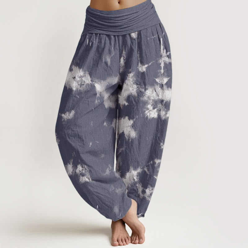 Pantalones Buddha Stones de algodón puro con estampado tie-dye de líneas blancas y lunares para mujer, con cintura elástica - Azul cadete - US22，UK/AU26，EU54 (6XL) - image 5