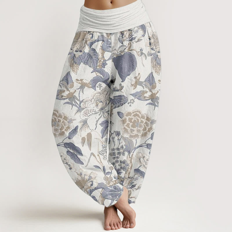 Pantalones Buddha Stones de algodón puro con estampado de peonías y hojas de loto para mujer, cintura elástica - Marfil - US22，UK/AU26，EU54 (6XL) - image 0