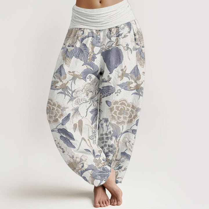 Pantalones Buddha Stones de algodón puro con estampado de peonías y hojas de loto para mujer, cintura elástica - Marfil - US22，UK/AU26，EU54 (6XL) - image 0