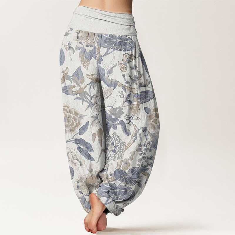 Pantalones Buddha Stones de algodón puro con estampado de peonías y hojas de loto para mujer, cintura elástica - image 1