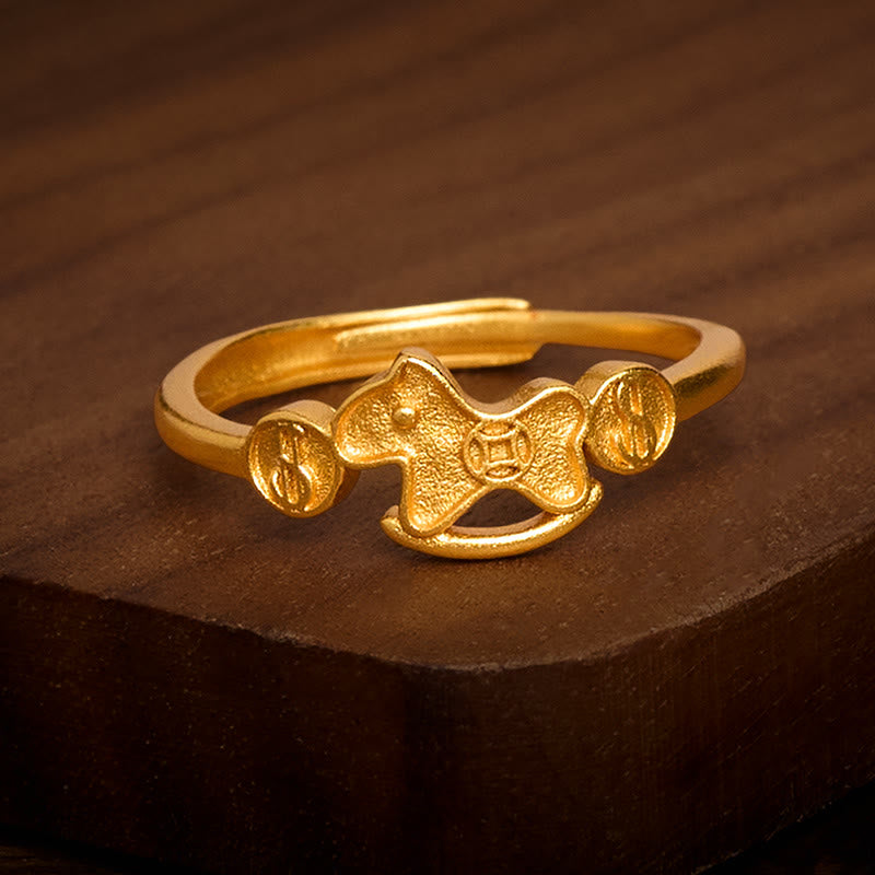 Anillo ajustable con moneda de cobre y latón chapado en oro de 24k con Buddha Stones del Año del Caballo - image 1