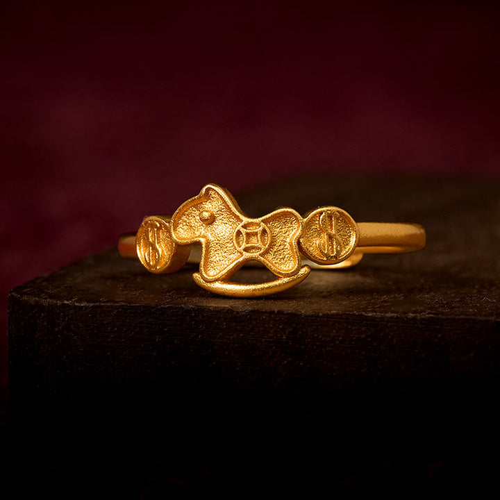 Anillo ajustable con moneda de cobre y latón chapado en oro de 24k con Buddha Stones del Año del Caballo - Ajustable - image 0