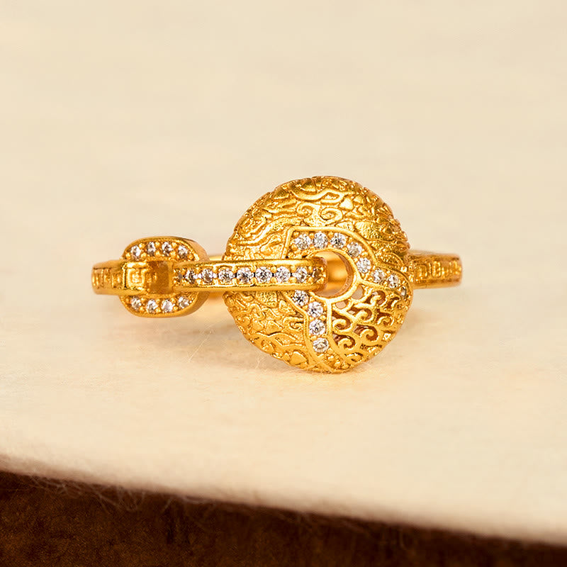 Anillo ajustable de la fortuna con hebilla de la paz, chapado en oro de 24k, con diseño calado y Buddha Stones. - image 2