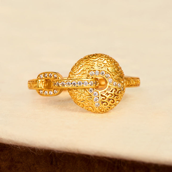 Anillo ajustable de la fortuna con hebilla de la paz, chapado en oro de 24k, con diseño calado y Buddha Stones. - image 2