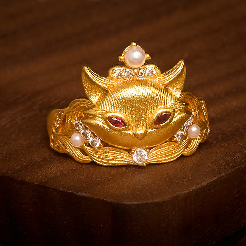 Anillo ajustable de latón chapado en oro de 24k con diseño de cabeza de zorro y Buddha Stones - image 1