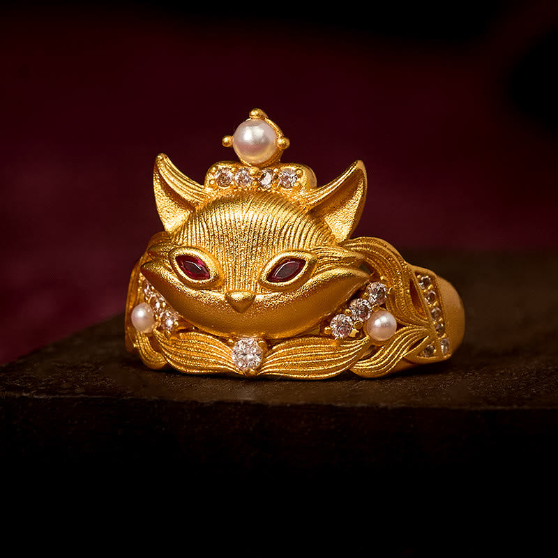 Anillo ajustable de latón chapado en oro de 24k con diseño de cabeza de zorro y Buddha Stones - Ajustable - image 0