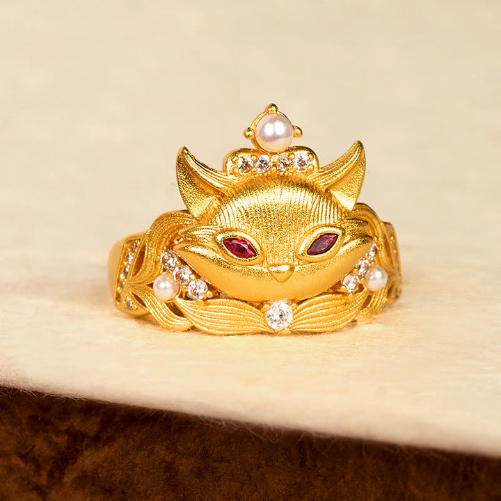 Anillo ajustable de latón chapado en oro de 24k con diseño de cabeza de zorro y Buddha Stones - image 2