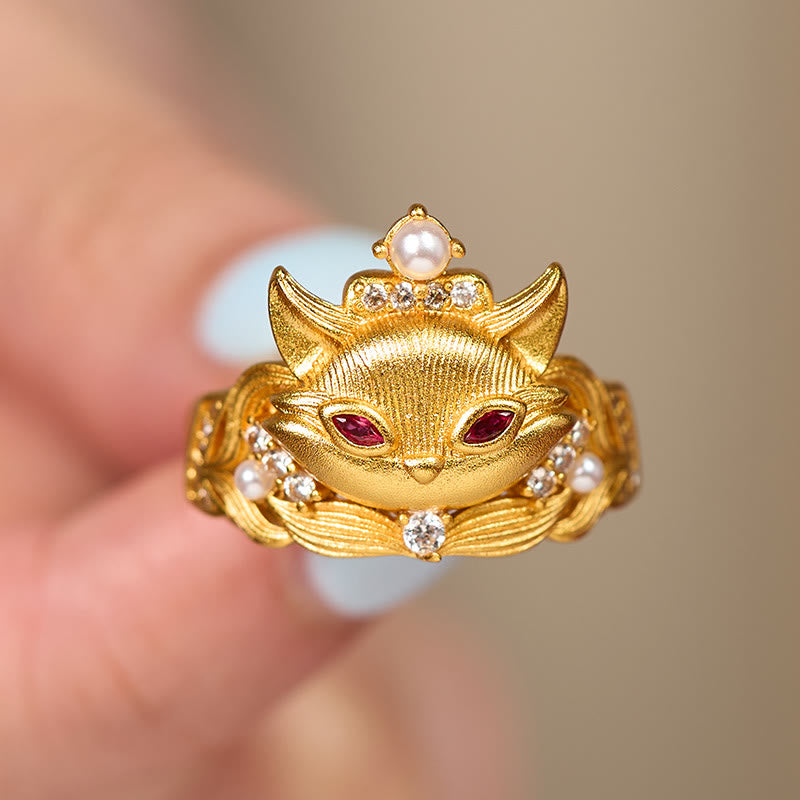 Anillo ajustable de latón chapado en oro de 24k con diseño de cabeza de zorro y Buddha Stones - image 3