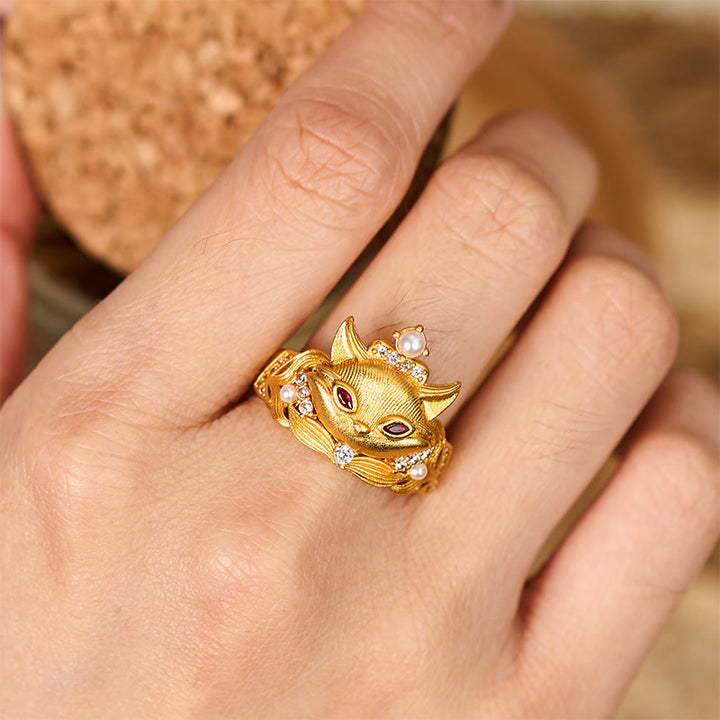 Anillo ajustable de latón chapado en oro de 24k con diseño de cabeza de zorro y Buddha Stones - image 4