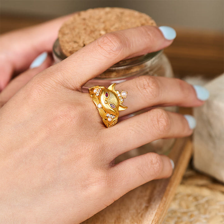 Anillo ajustable de latón chapado en oro de 24k con diseño de cabeza de zorro y Buddha Stones - image 5