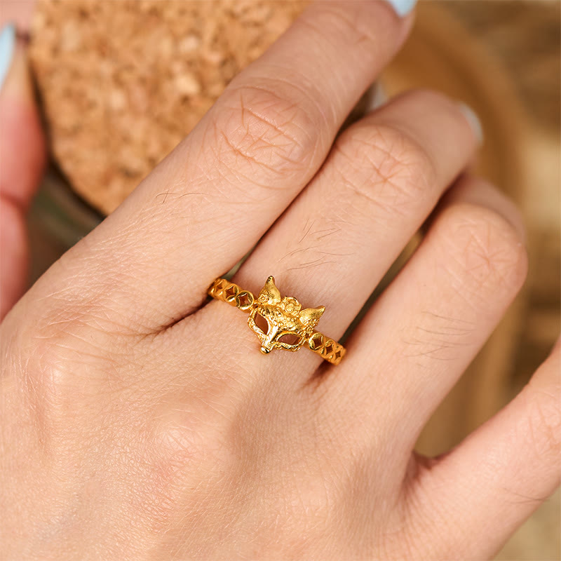 Anillo ajustable con diseño de moneda de zorro hueca en latón chapado en oro de 24k con Buddha Stones - image 4