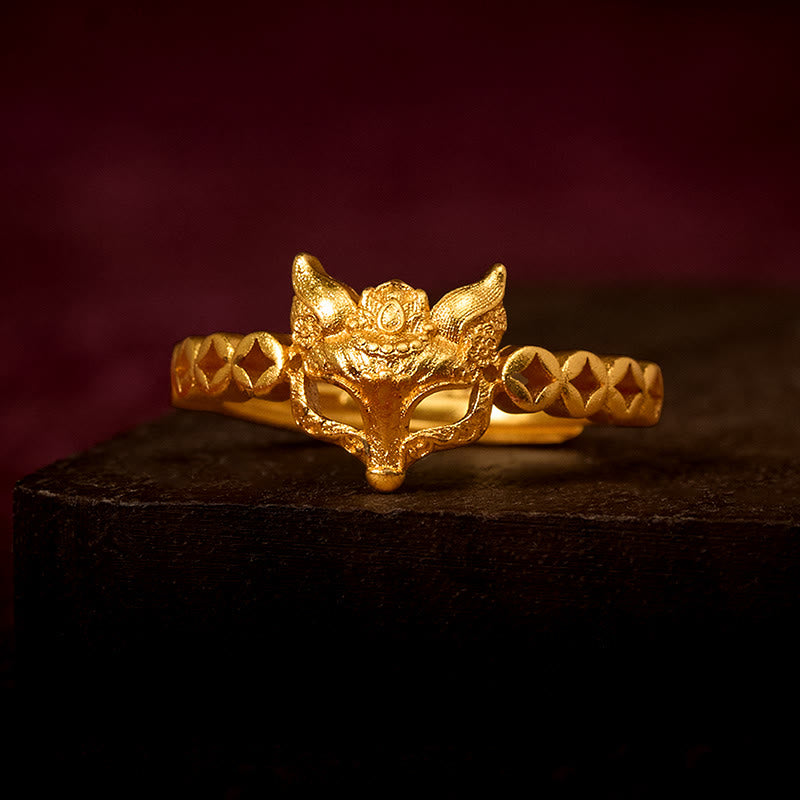 Anillo ajustable con diseño de moneda de zorro hueca en latón chapado en oro de 24k con Buddha Stones - Ajustable - image 0