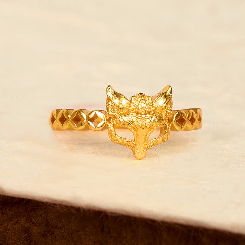 Anillo ajustable con diseño de moneda de zorro hueca en latón chapado en oro de 24k con Buddha Stones - image 2