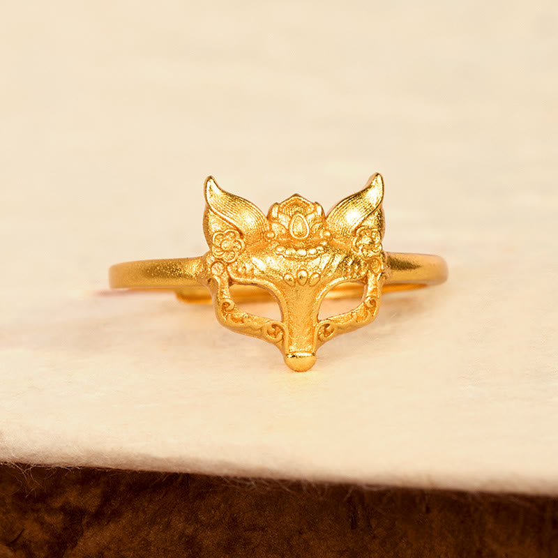 Buddha Stones Anillo de latón chapado en oro de 24 quilates con forma de máscara de zorro. - image 2