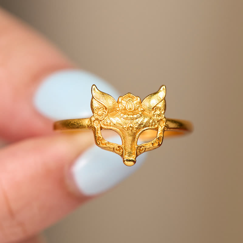 Buddha Stones Anillo de latón chapado en oro de 24 quilates con forma de máscara de zorro. - image 3