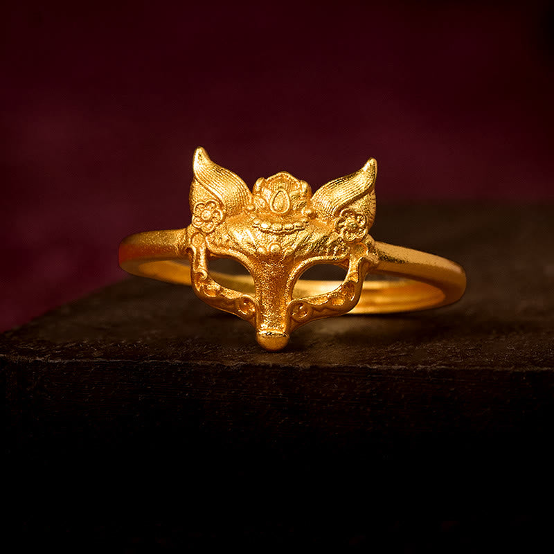 Buddha Stones Anillo de latón chapado en oro de 24 quilates con forma de máscara de zorro. - Ajustable - image 0