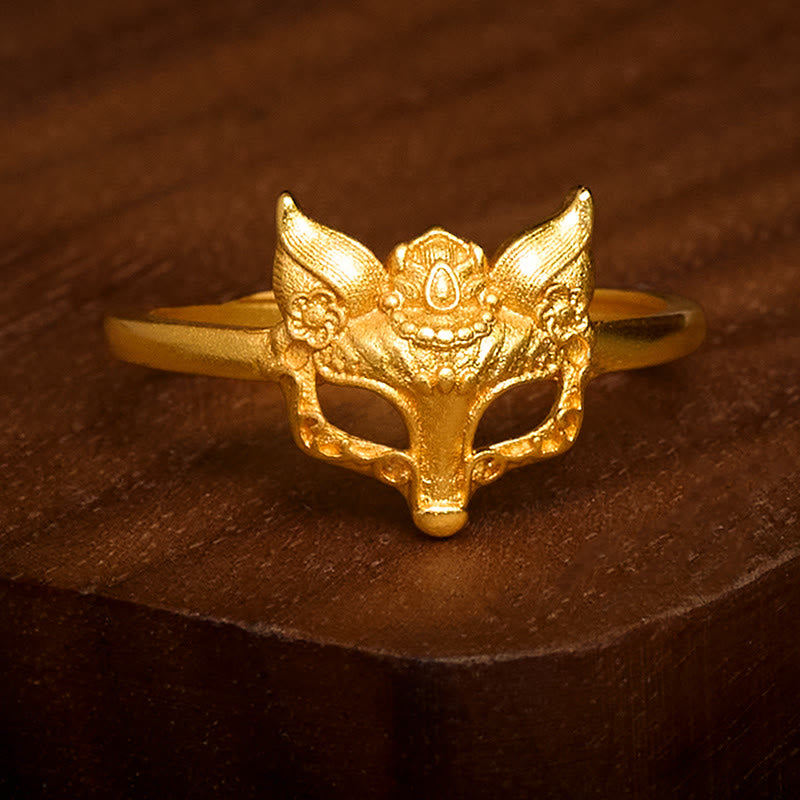 Buddha Stones Anillo de latón chapado en oro de 24 quilates con forma de máscara de zorro. - image 1
