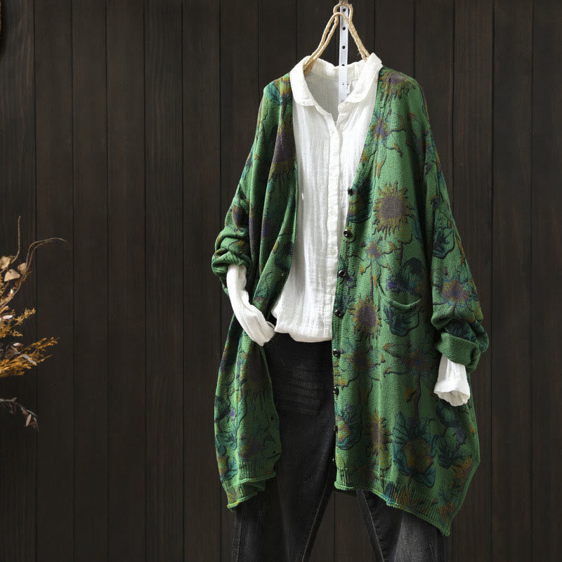 Cárdigan de punto de manga larga para mujer con botones, botones y bolsillos, estampado de girasoles y Buddha Stones. - Verde mar medio - US4-8/10， UK/AU8-12/14， EU36-40/42 (F) - image 0