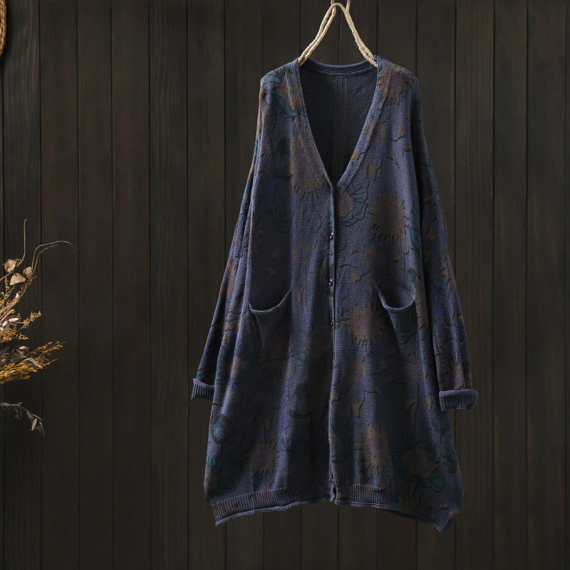 Cárdigan de punto de manga larga para mujer con botones, botones y bolsillos, estampado de girasoles y Buddha Stones. - Azul medianoche - US4-8/10， UK/AU8-12/14， EU36-40/42 (F) - image 23