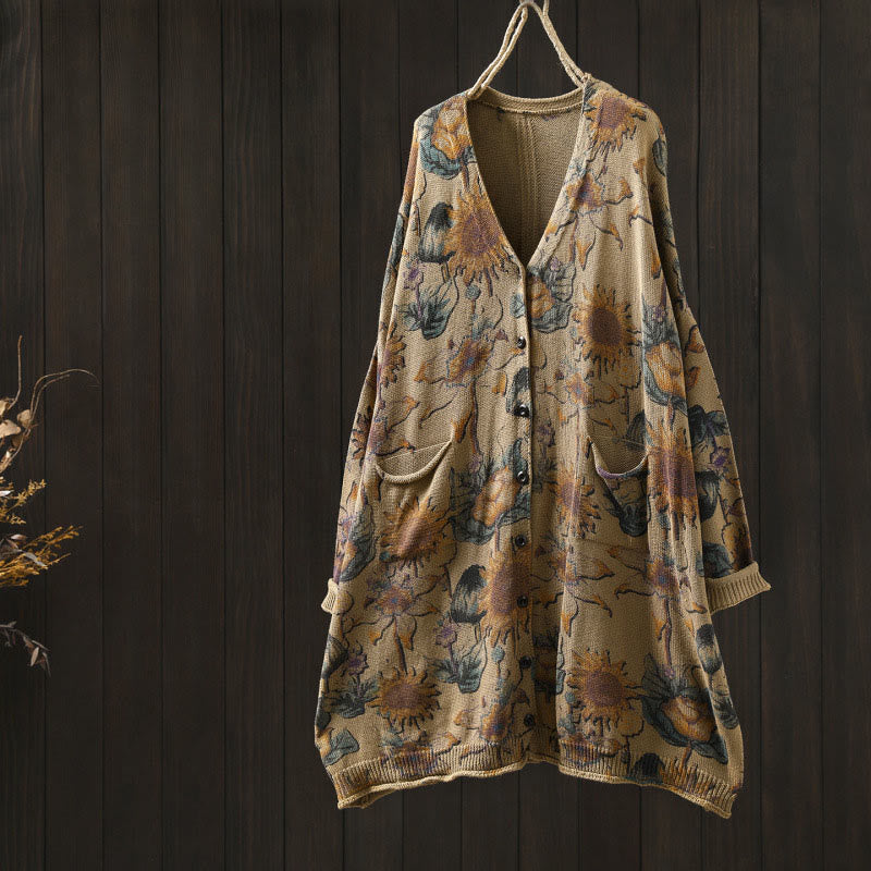 Cárdigan de punto de manga larga para mujer con botones, botones y bolsillos, estampado de girasoles y Buddha Stones. - Vara de oro pálida - US4-8/10， UK/AU8-12/14， EU36-40/42 (F) - image 19