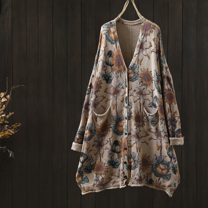 Cárdigan de punto de manga larga para mujer con botones, botones y bolsillos, estampado de girasoles y Buddha Stones. - Beige - US4-8/10， UK/AU8-12/14， EU36-40/42 (F) - image 17