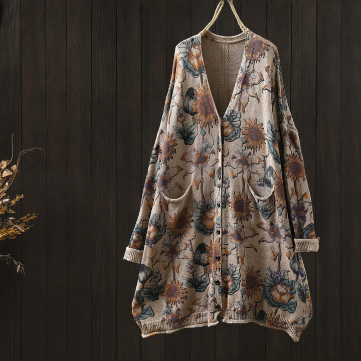 Cárdigan de punto de manga larga para mujer con botones, botones y bolsillos, estampado de girasoles y Buddha Stones. - Beige - US4-8/10， UK/AU8-12/14， EU36-40/42 (F) - image 17