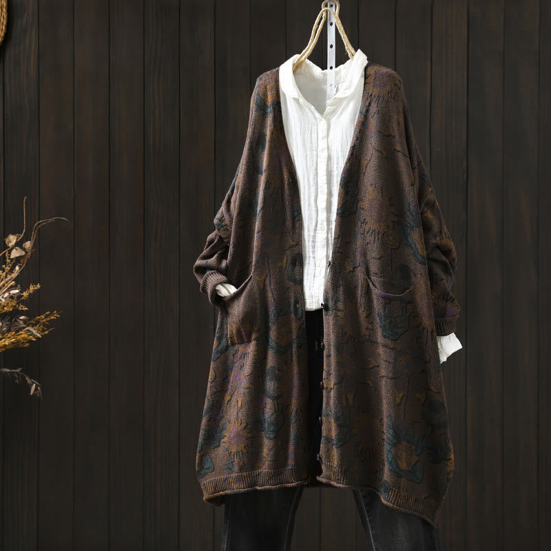 Cárdigan de punto de manga larga para mujer con botones, botones y bolsillos, estampado de girasoles y Buddha Stones. - Tierra de siena - US4-8/10， UK/AU8-12/14， EU36-40/42 (F) - image 21