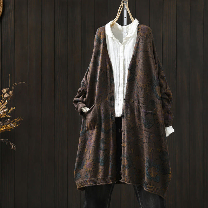 Cárdigan de punto de manga larga para mujer con botones, botones y bolsillos, estampado de girasoles y Buddha Stones. - Tierra de siena - US4-8/10， UK/AU8-12/14， EU36-40/42 (F) - image 21