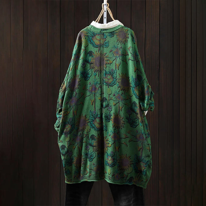 Cárdigan de punto de manga larga para mujer con botones, botones y bolsillos, estampado de girasoles y Buddha Stones. - image 2