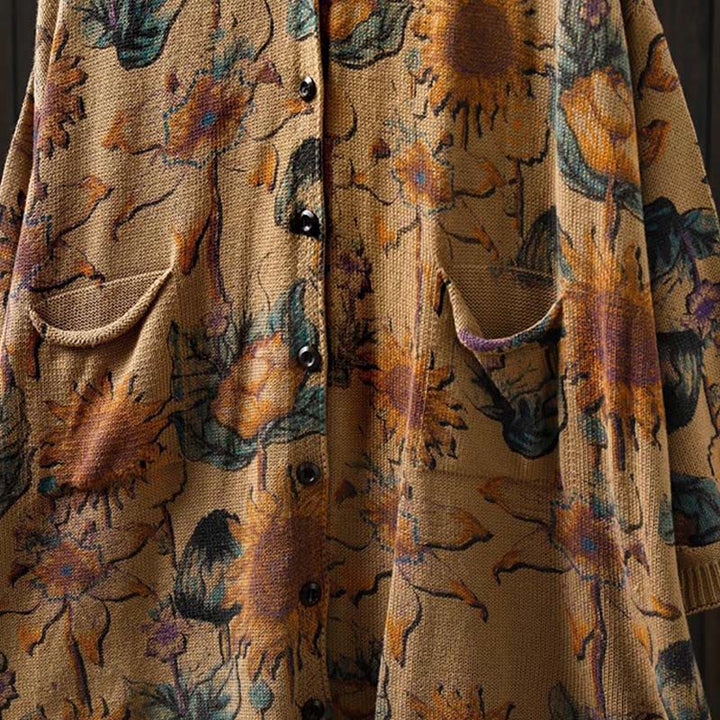 Cárdigan de punto de manga larga para mujer con botones, botones y bolsillos, estampado de girasoles y Buddha Stones. - image 20