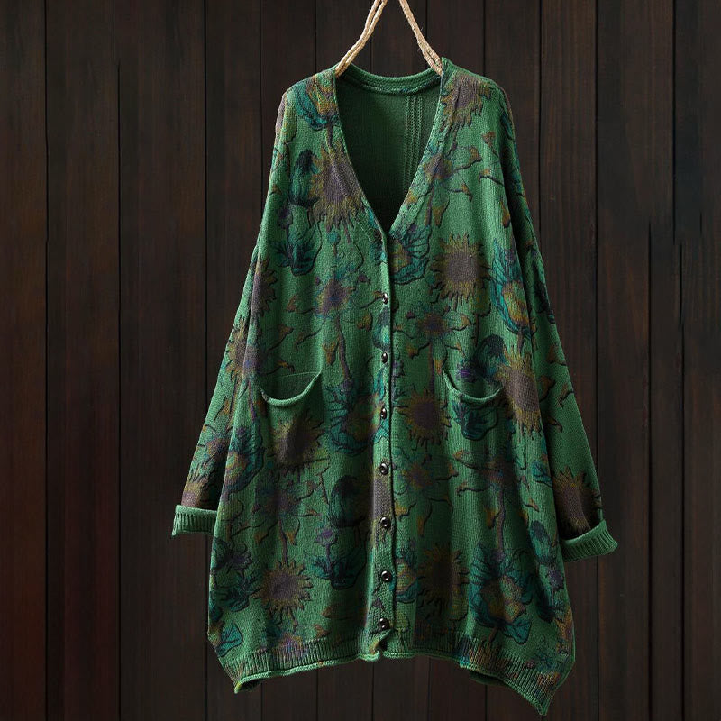 Cárdigan de punto de manga larga para mujer con botones, botones y bolsillos, estampado de girasoles y Buddha Stones. - image 1