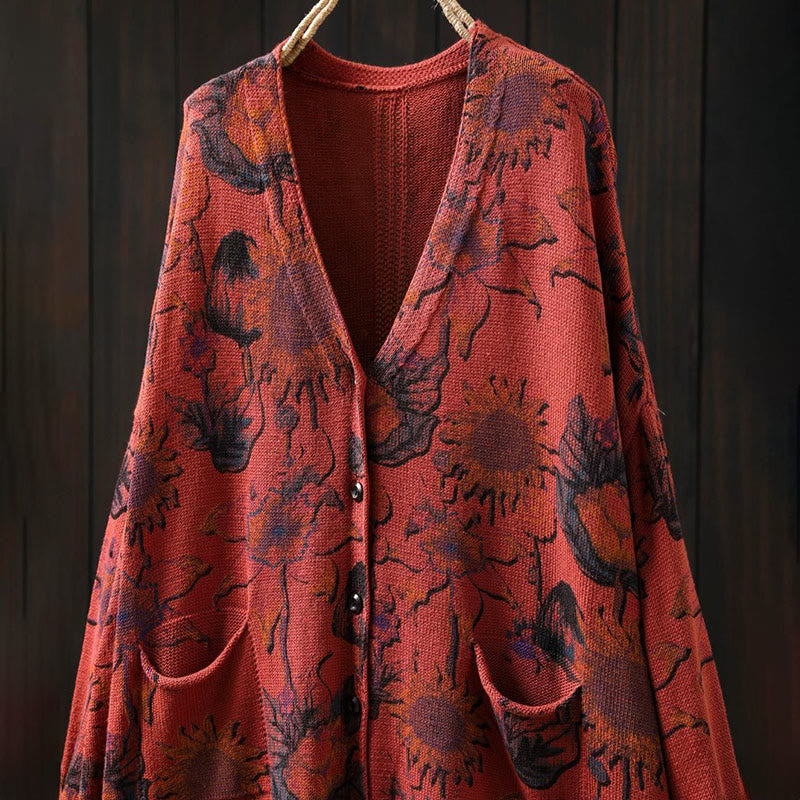 Cárdigan de punto de manga larga para mujer con botones, botones y bolsillos, estampado de girasoles y Buddha Stones. - image 13