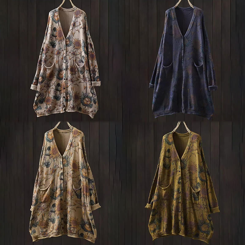 Cárdigan de punto de manga larga para mujer con botones, botones y bolsillos, estampado de girasoles y Buddha Stones. - image 25