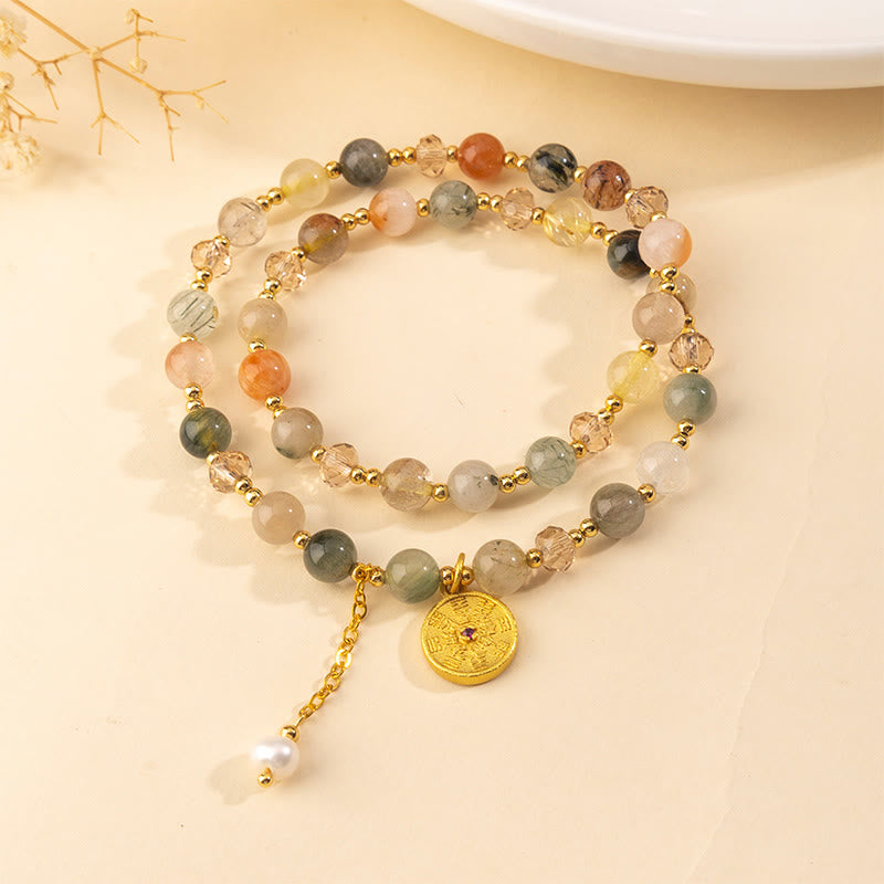 Pulsera de doble vuelta de cobre con cuarzo rutilado de colores y Buddha Stones para la buena fortuna - image 1