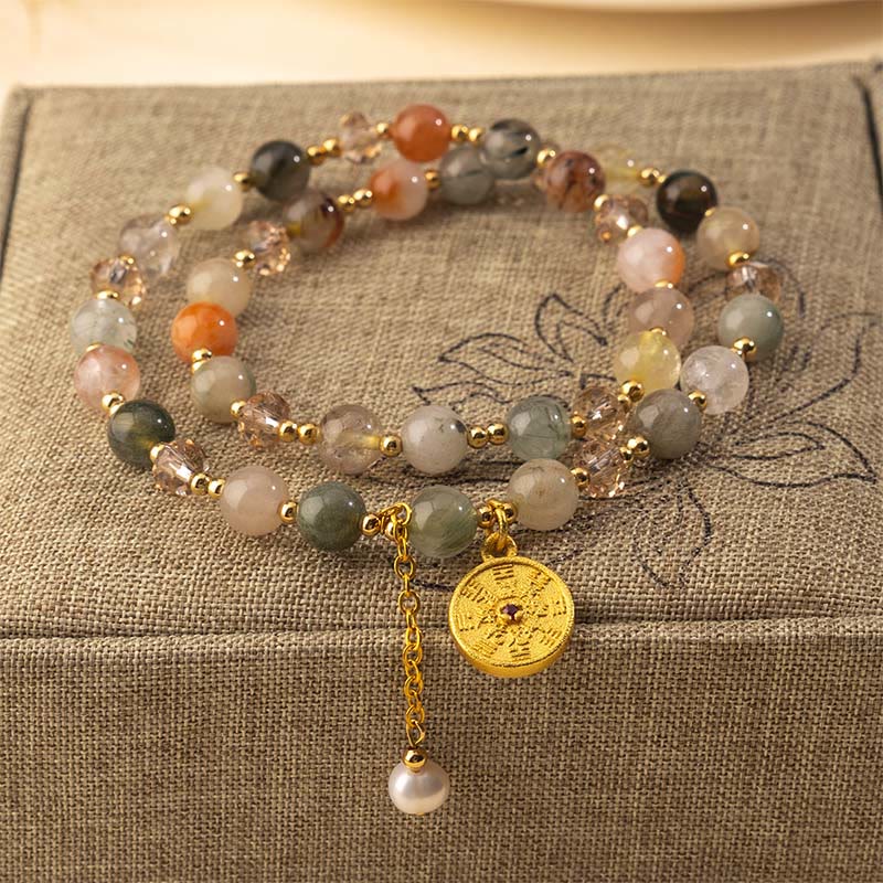 Pulsera de doble vuelta de cobre con cuarzo rutilado de colores y Buddha Stones para la buena fortuna - Cuarzo rutilado (circunferencia de la muñeca: 16-17 cm) - image 0