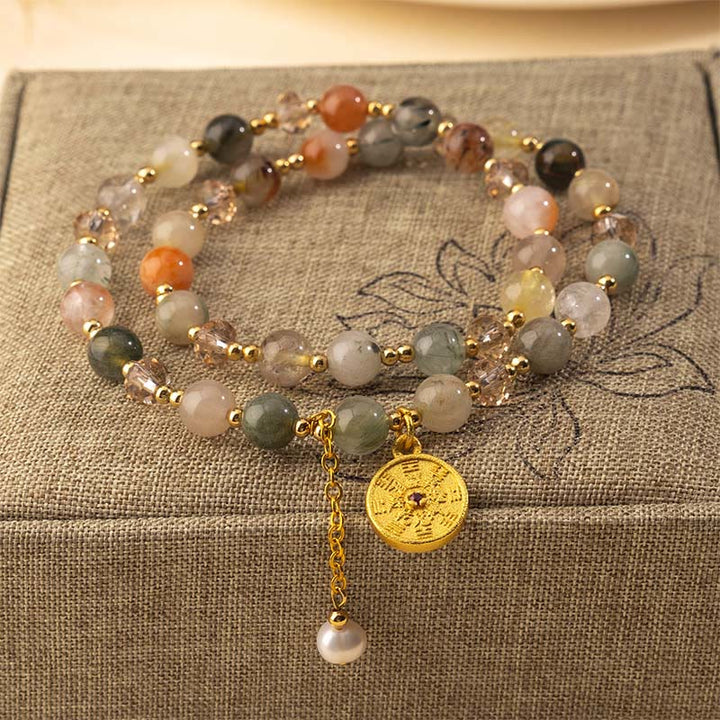 Pulsera de doble vuelta de cobre con cuarzo rutilado de colores y Buddha Stones para la buena fortuna - Cuarzo rutilado (circunferencia de la muñeca: 16-17 cm) - image 0