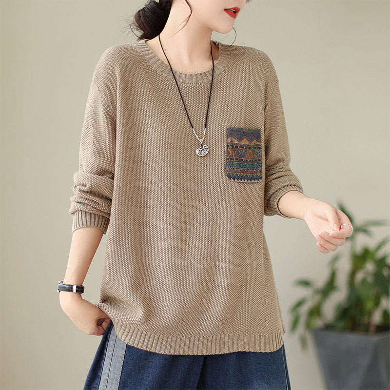 Suéter de manga larga para mujer, tejido de algodón, con bolsillo decorativo y estampado floral otoñal con Buddha Stones. - Trigo - US4-6, UK/AU8-10, EU36-38 (F) - image 3