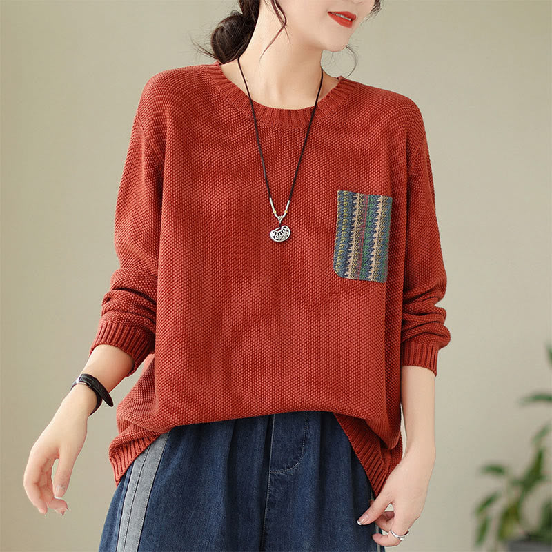 Suéter de manga larga para mujer, tejido de algodón, con bolsillo decorativo y estampado floral otoñal con Buddha Stones. - Rojo anaranjado - US4-6, UK/AU8-10, EU36-38 (F) - image 9