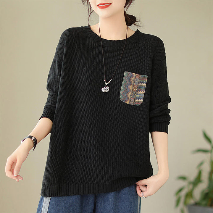 Suéter de manga larga para mujer, tejido de algodón, con bolsillo decorativo y estampado floral otoñal con Buddha Stones. - Negro - US4-6, UK/AU8-10, EU36-38 (F) - image 17