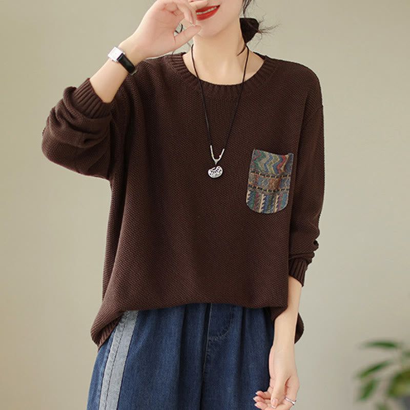 Suéter de manga larga para mujer, tejido de algodón, con bolsillo decorativo y estampado floral otoñal con Buddha Stones. - image 8