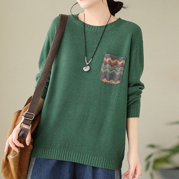 Suéter de manga larga para mujer, tejido de algodón, con bolsillo decorativo y estampado floral otoñal con Buddha Stones. - image 2