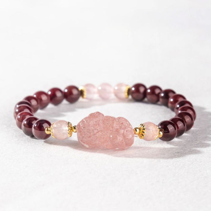 Pulsera de la suerte Pixiu de cuarzo fresa y granate con Buddha Stones - image 3
