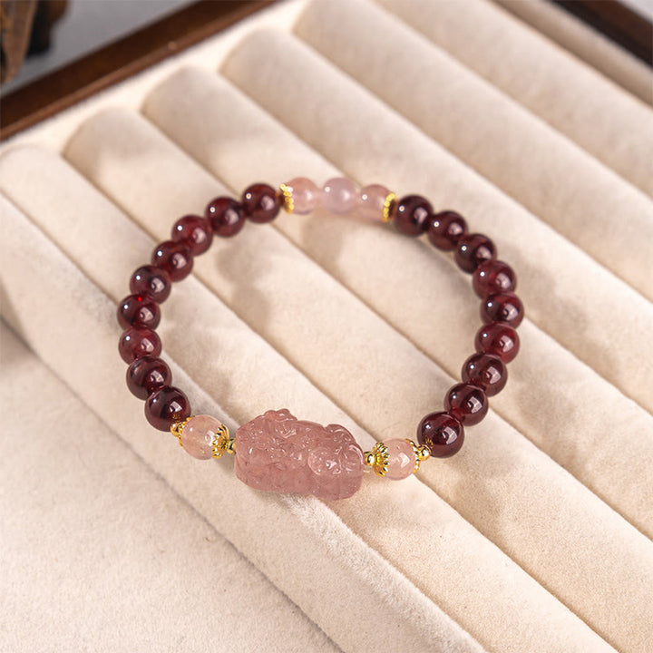 Pulsera de la suerte Pixiu de cuarzo fresa y granate con Buddha Stones - image 1
