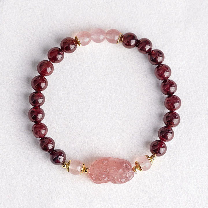 Pulsera de la suerte Pixiu de cuarzo fresa y granate con Buddha Stones - image 2