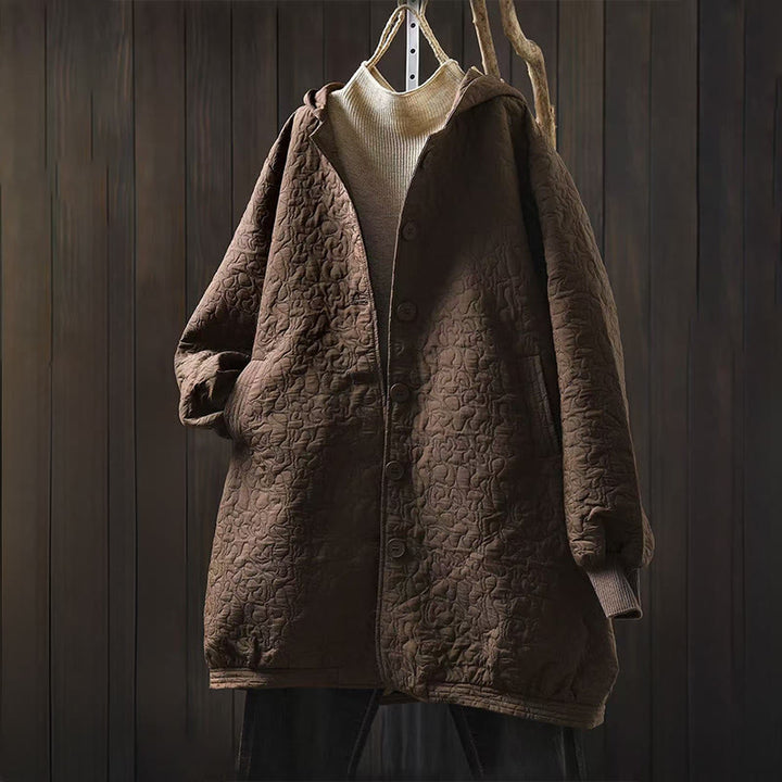 Chaqueta de mujer de algodón jacquard de manga larga y largo medio con botones y estampado de Buddha Stones, con bolsillos. - Tierra de siena - US12，UK/AU16，EU44 (XL) - image 11