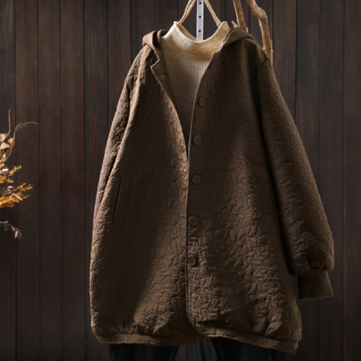 Chaqueta de mujer de algodón jacquard de manga larga y largo medio con botones y estampado de Buddha Stones, con bolsillos. - Vara de oro oscuro - US12，UK/AU16，EU44 (XL) - image 15