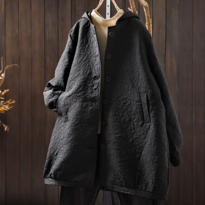 Chaqueta de mujer de algodón jacquard de manga larga y largo medio con botones y estampado de Buddha Stones, con bolsillos. - Negro - US12，UK/AU16，EU44 (XL) - image 17